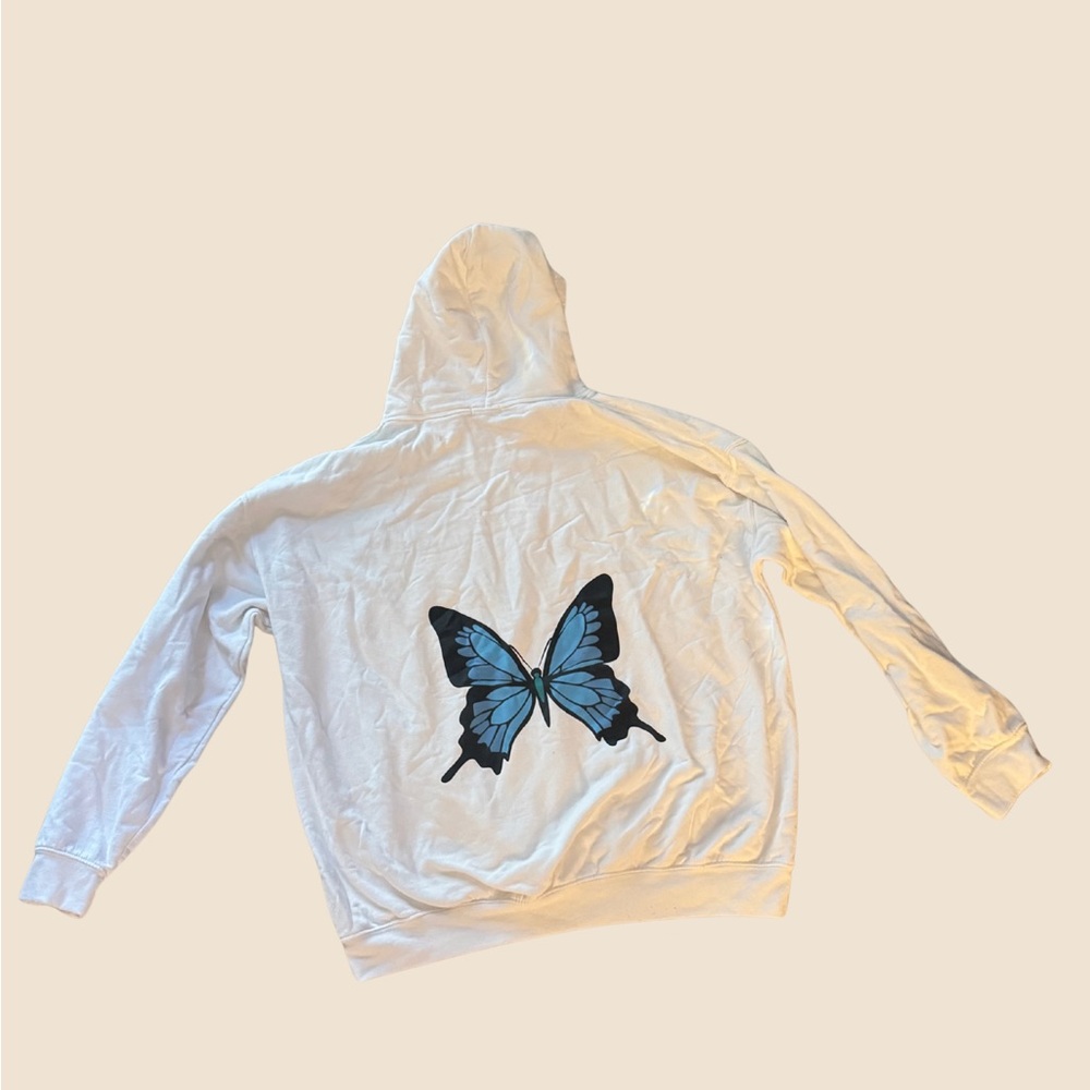 PrettyLittleThing White Hoodie with Blue Butterfly